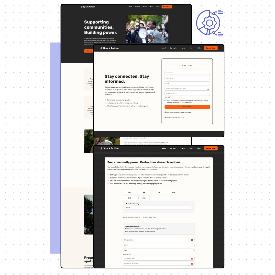 mockup of spark growing roots template donation and email subscription forms