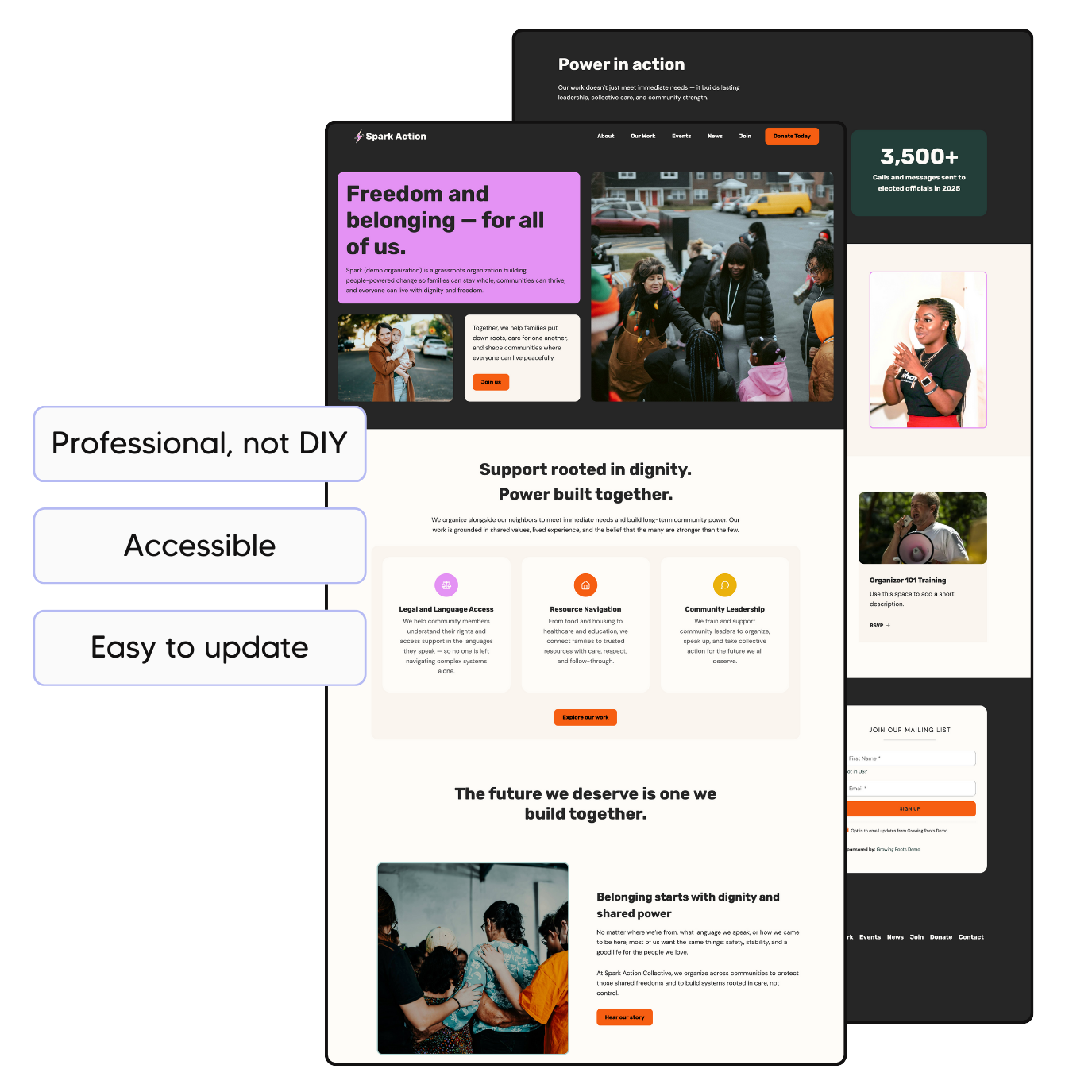 Spark growing roots homepage view with callouts that read professional, not diy, accessible, and easy to update